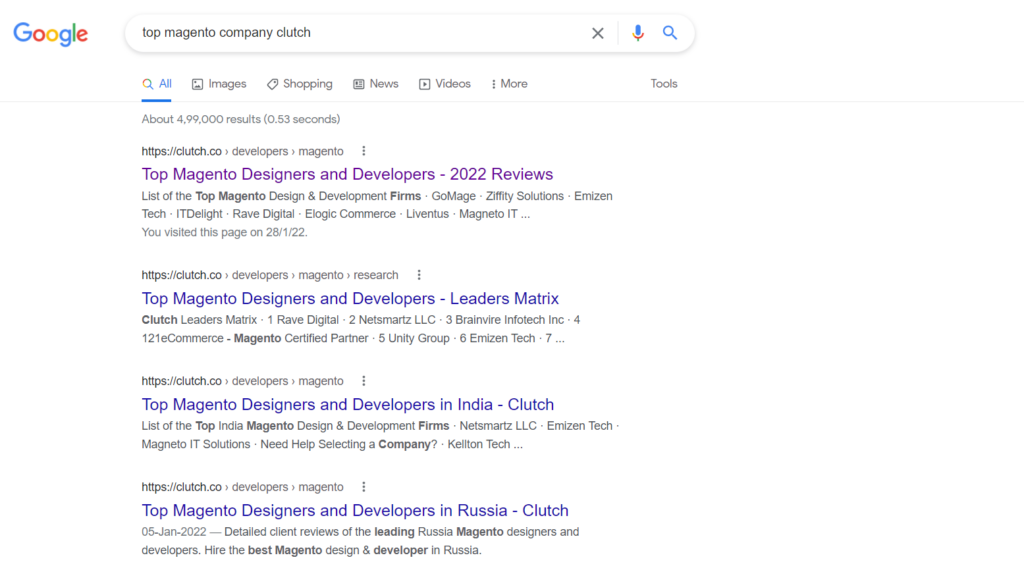 Google search result on top Magento company