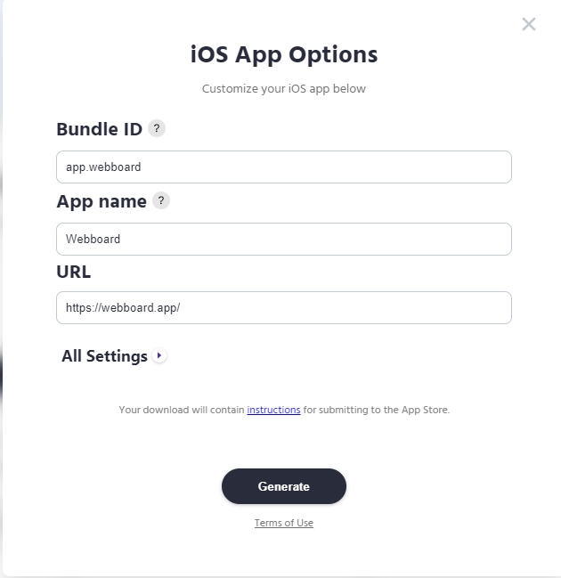 iOS App options