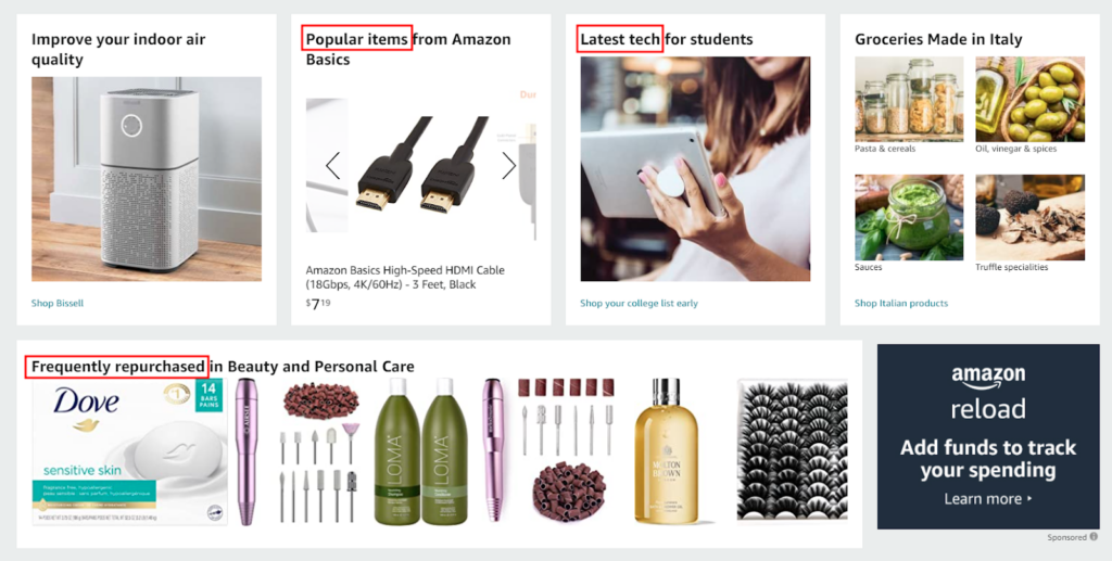 Amazon - popolar products by categories