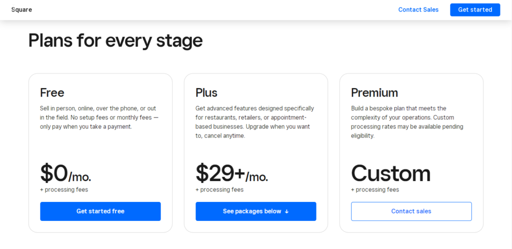 Pricing Page of Square