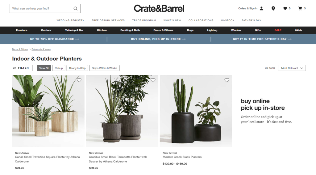 Crate and Barrel - category page best example
