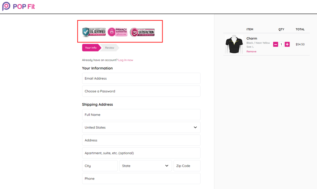 Pop Fit - Incorporate Trust Seals on the eCommerce checkout pages