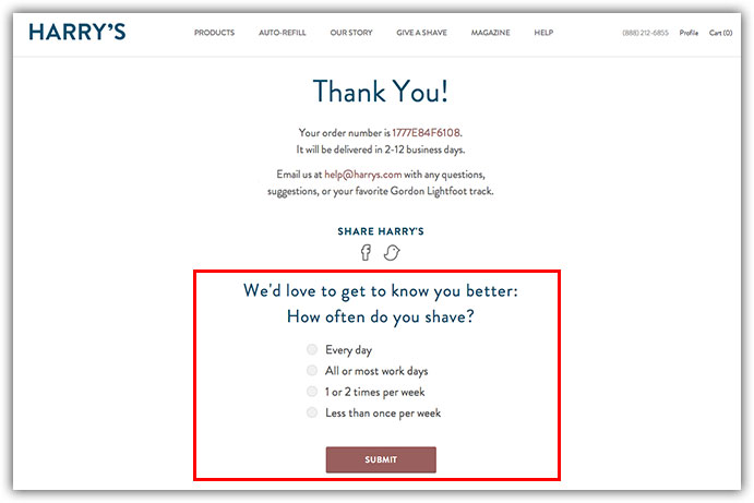 Survey on the thank you landing page - customer testimonials