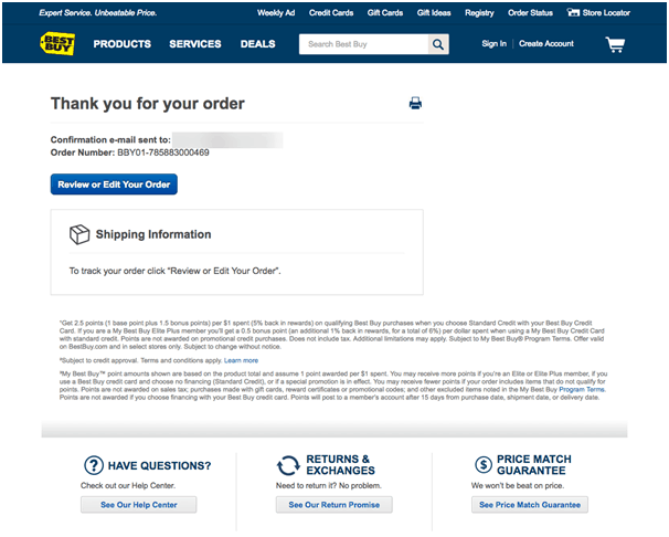 Best Buy's Thank You landing Page encourage visitors