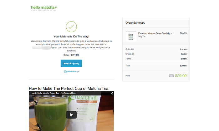 Hello Matcha's Thank You landing Page examples