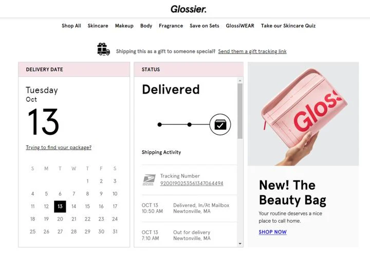 Glossier Thank You landing Page