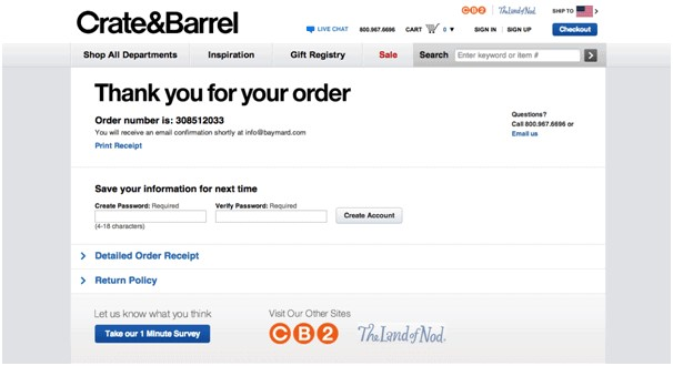 Crate and Barrel - confirmation landing page examples