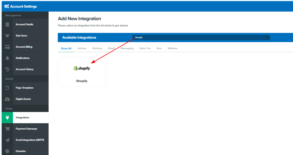 Select Shopify integration 