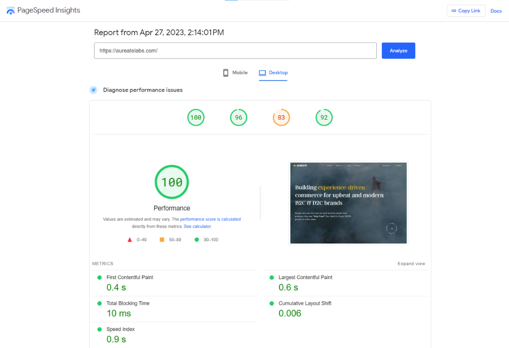 Example of Google PageSpeed Insights