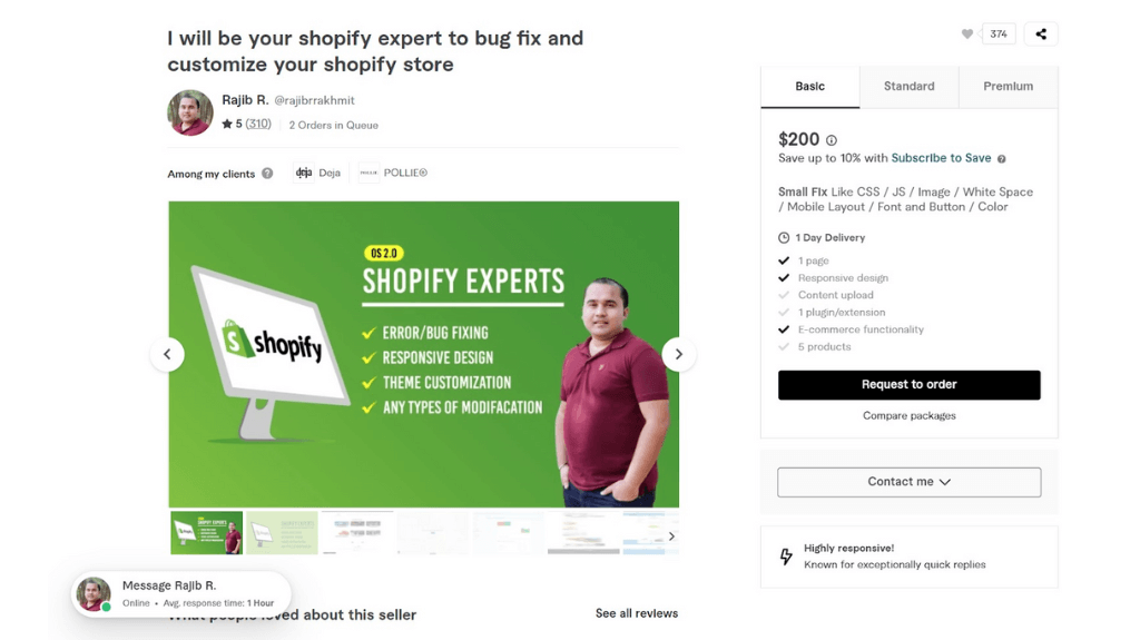 Example to find Shopify specialists with fixed rate projects from Fiverr, the freelance platform