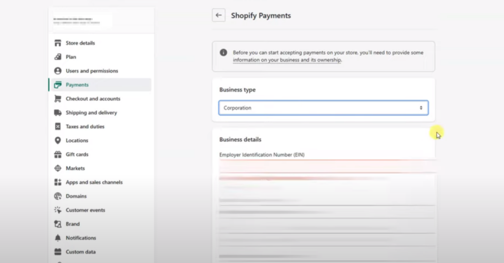 Shopify Payments Setup Guide - Business Information