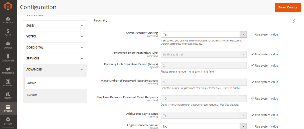Magento Security Setting in Admin