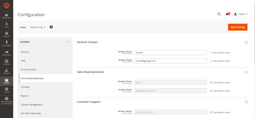 Store Email Addresses Settings in Magento 2