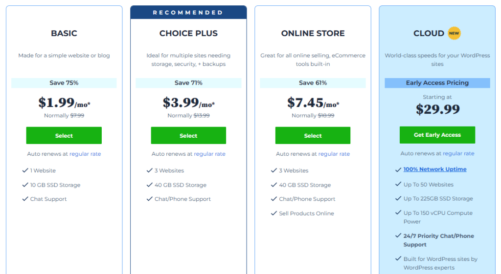 Pricing Packages - Bluehost