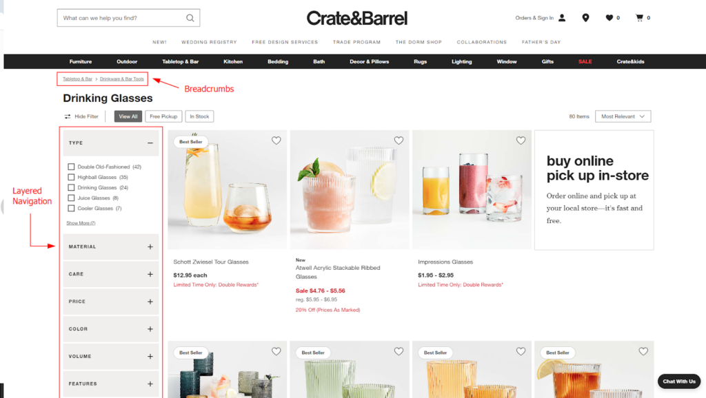 Example of Breadcrumbs and Layered Navigation in an eCommerce website