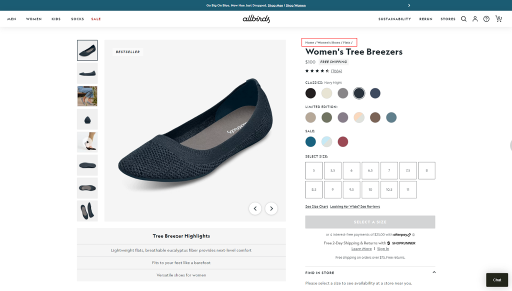 Example of Breadcrumbs in an eCommerce website