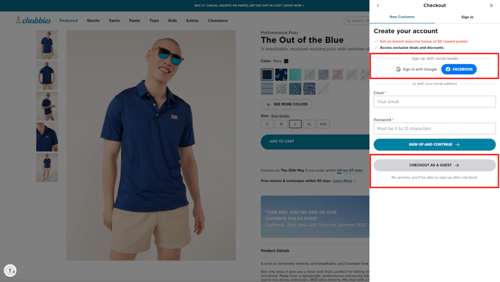 Example of Social Login and Guest Checkout Option