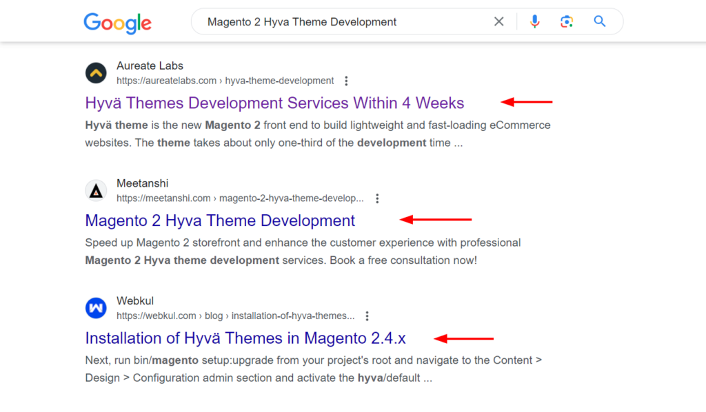 Google search results on Magento 2 Hyvä theme development services