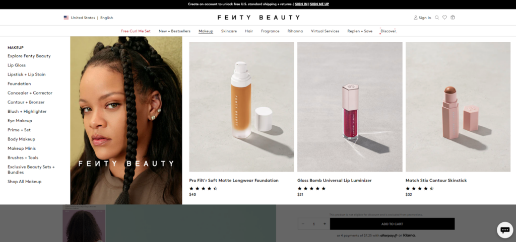 Fenty Beauty Mega menu