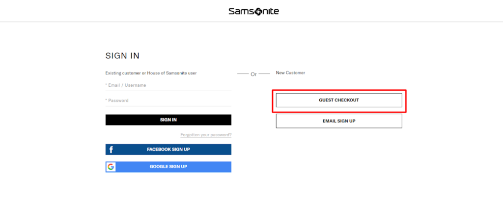 Example of guest checkout for eCommerce store