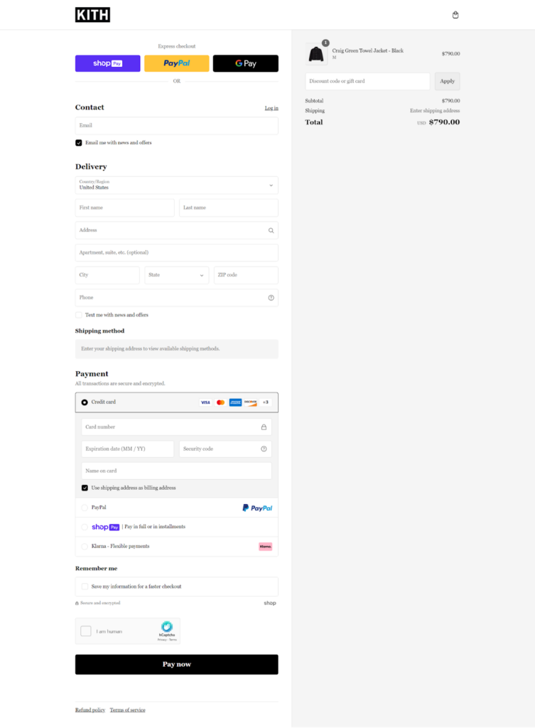 Kith Checkout page
