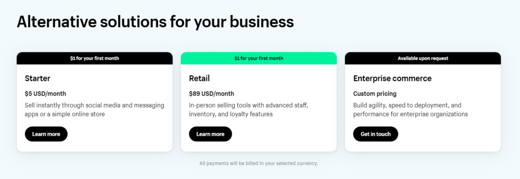 Shopify alternative business pricing plans