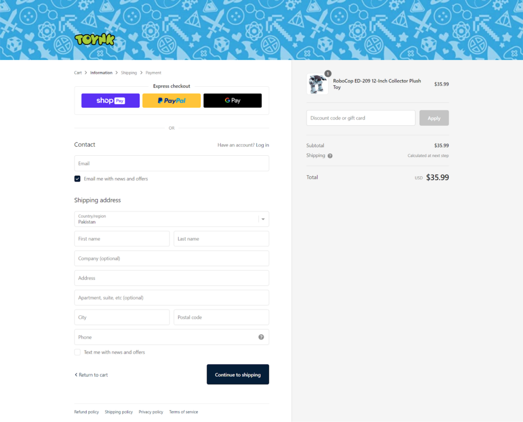 TOYNK Checkout page