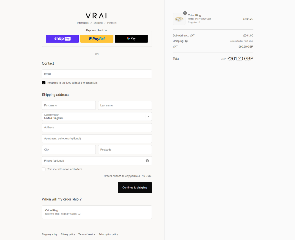 VRAI Checkout page