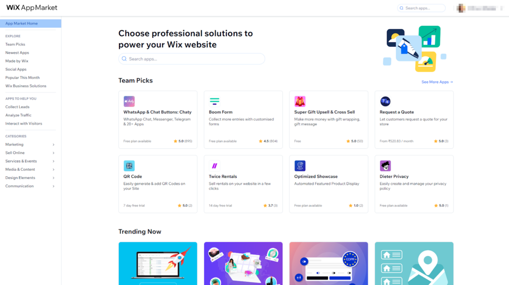 Wix’s app marketplace