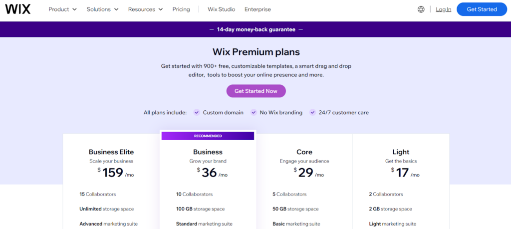 Wix’s pricing plans