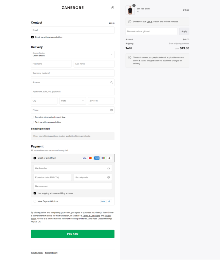 Zanerobe checkout process