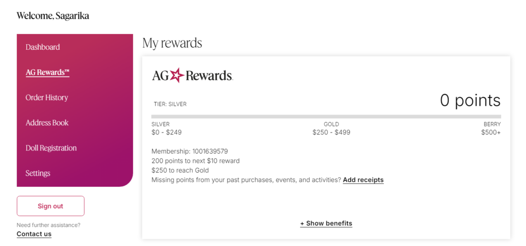 AG Rewards - customer dashboard