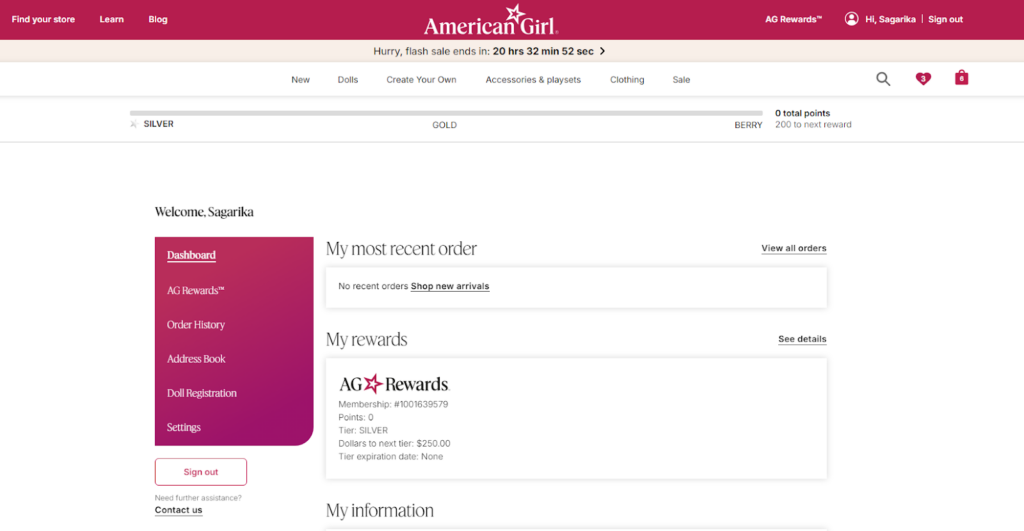 American Girl - customer dashboard view