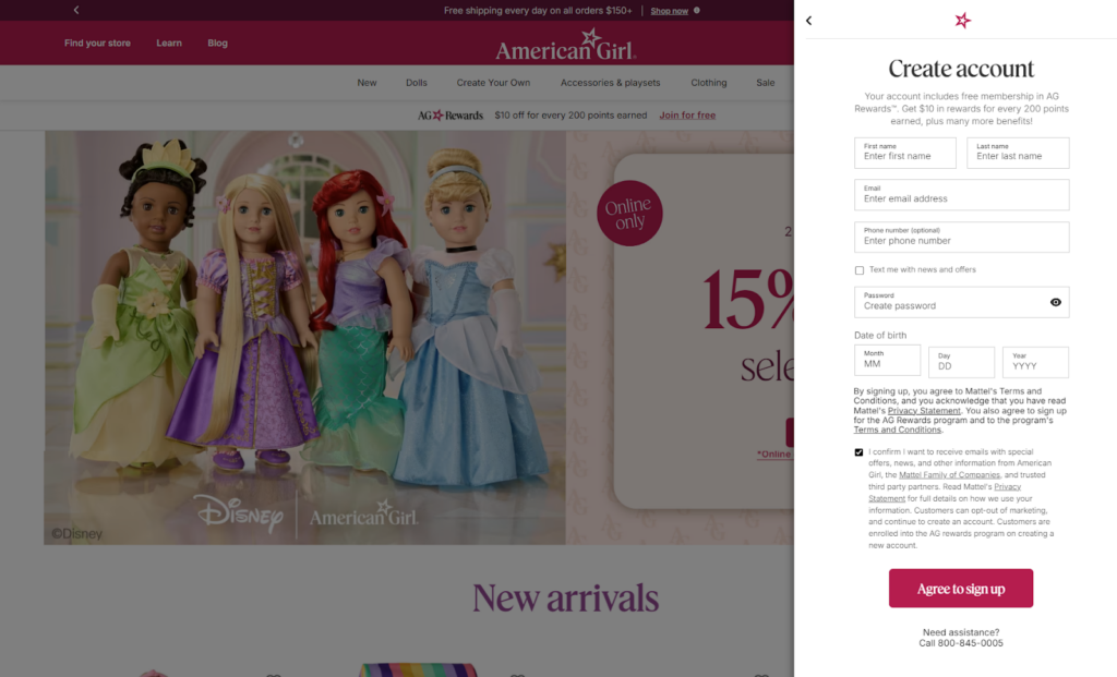 American Girl registration form