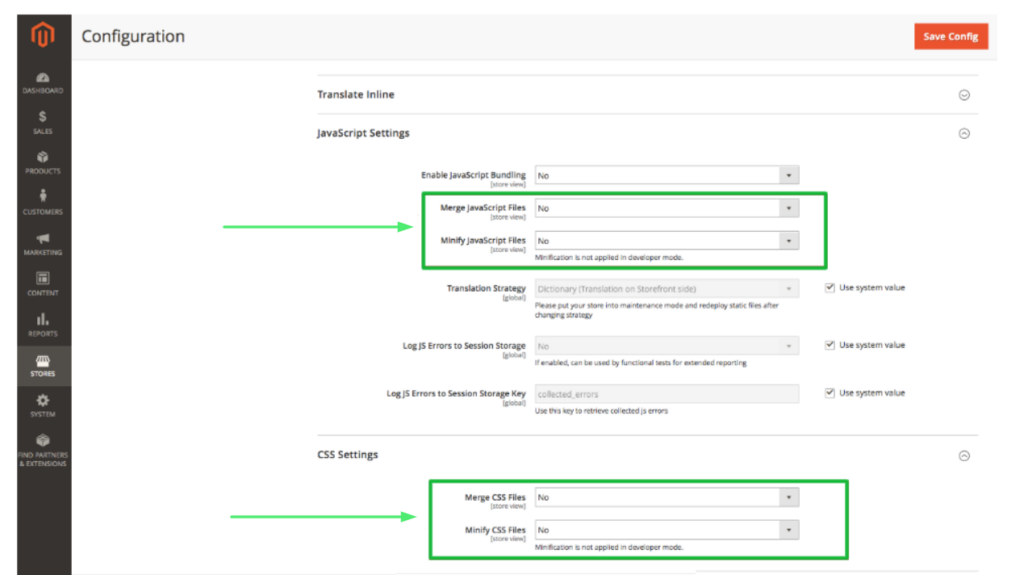 CSS Settings on Magento 2 Store Dashboard for Minify CSS Files