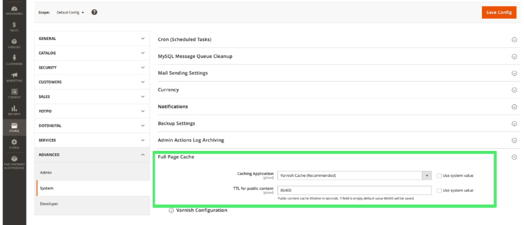 Full Page Cache Setting on Magento 2 Admin Panel