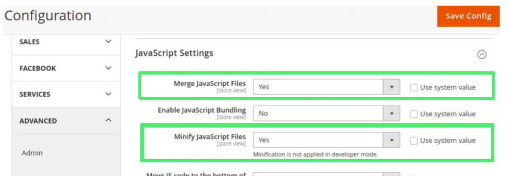 JavaScript Settings on Magento 2 Store Dashboard for Minify JavaScript Files