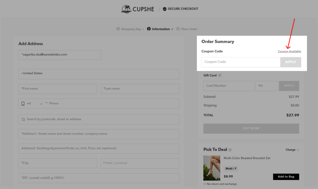 Shopify Plus Checkout Example - CUPSHE