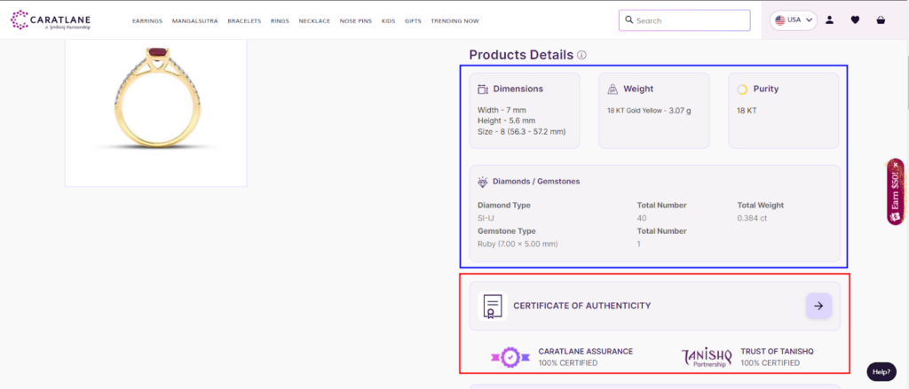 CaratLane Jewelry detailed specifications