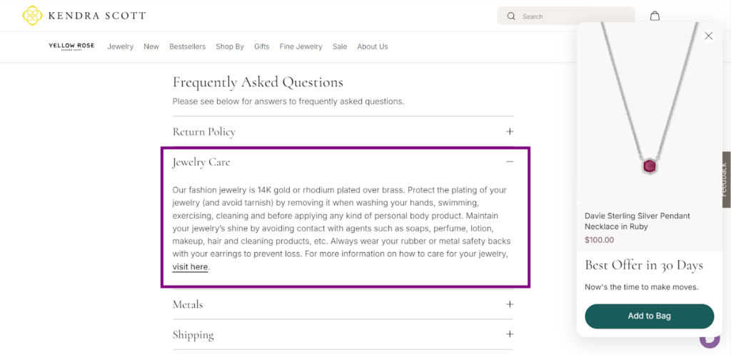 Kendra Scott offers jewelry care on their product page