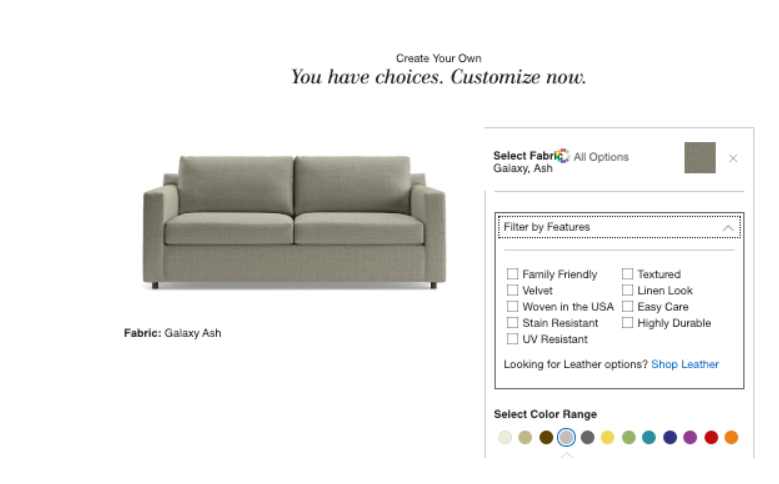 A furniture product featuring customization options