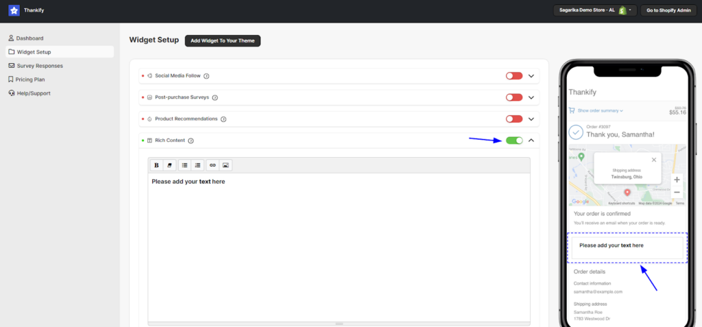 Activating the Rich Content widget in Thankify