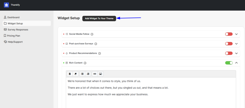 Adding Thankify widget in theme editor