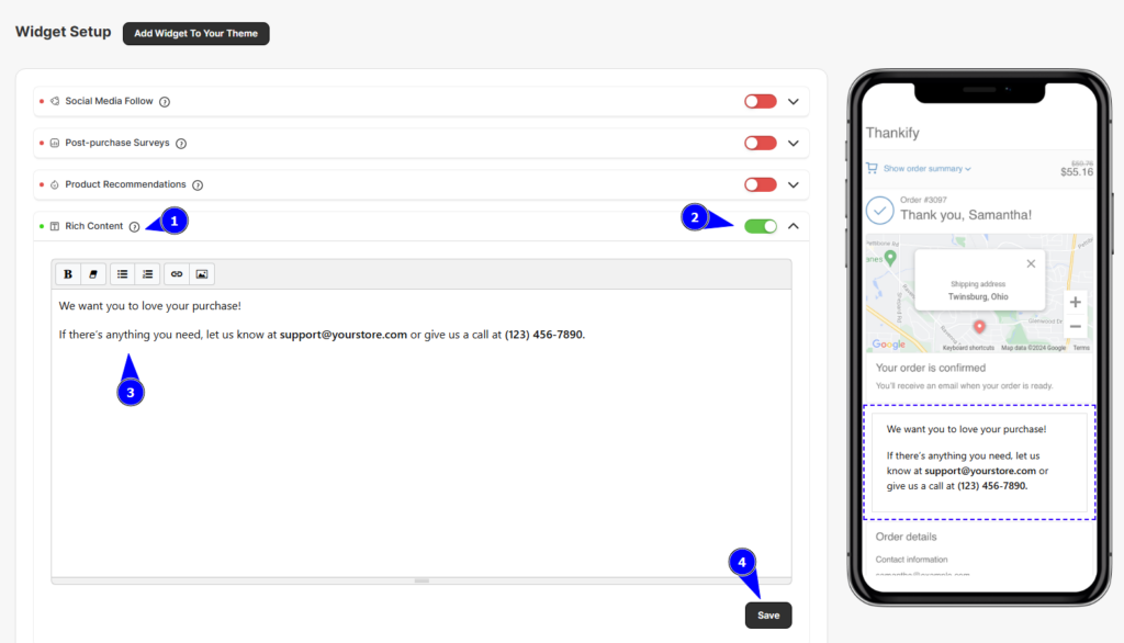 Adding customer support contact details in the Rich Content widget