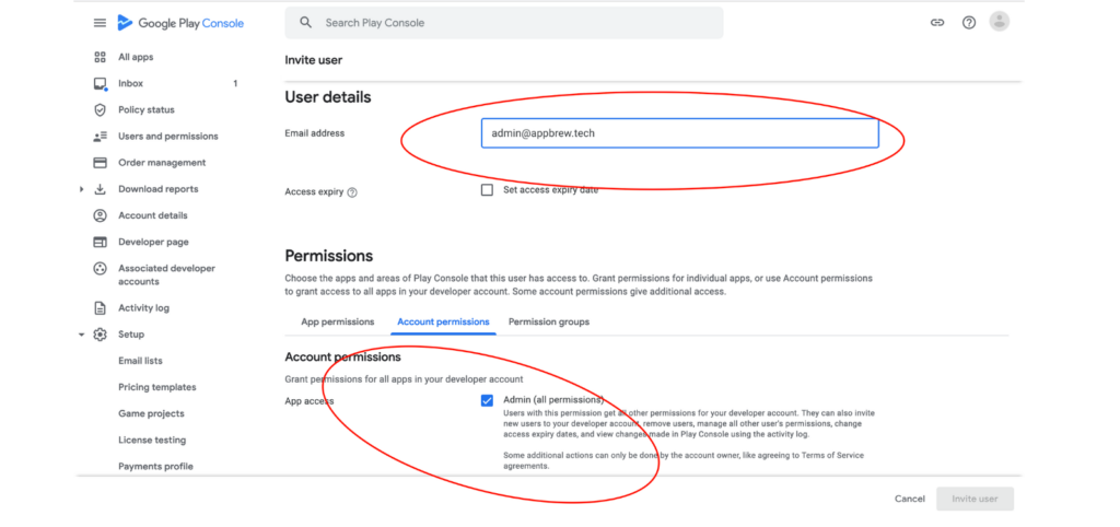 Appbrew permissions in your Play Console