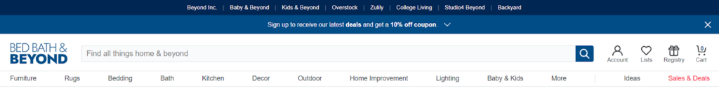 Bed, Bath & Beyond features a well-organized menu