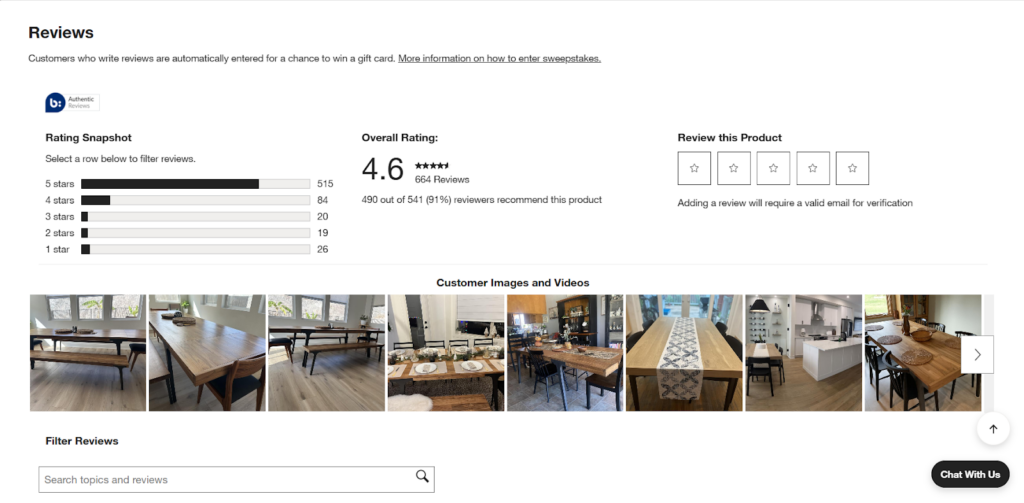 Crate&Barrel with a user review section