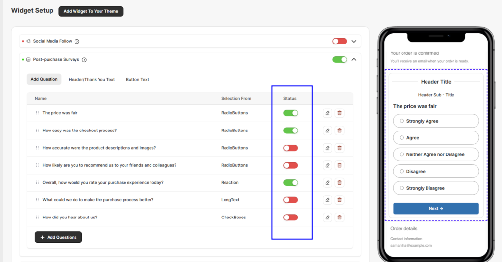 Enabling pre-set survey questions in the Thankify app