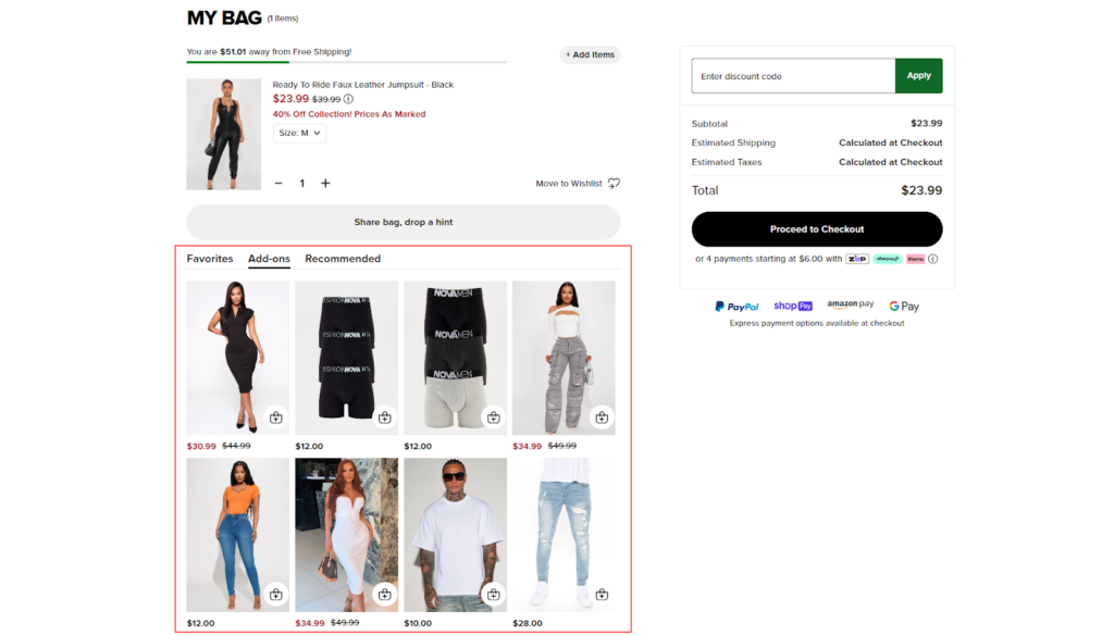 Fashion Nova – Add-on option at checkout