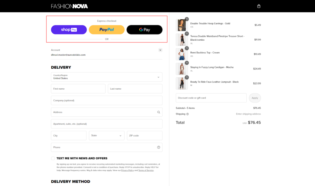 Fashion Nova – Guest Checkout